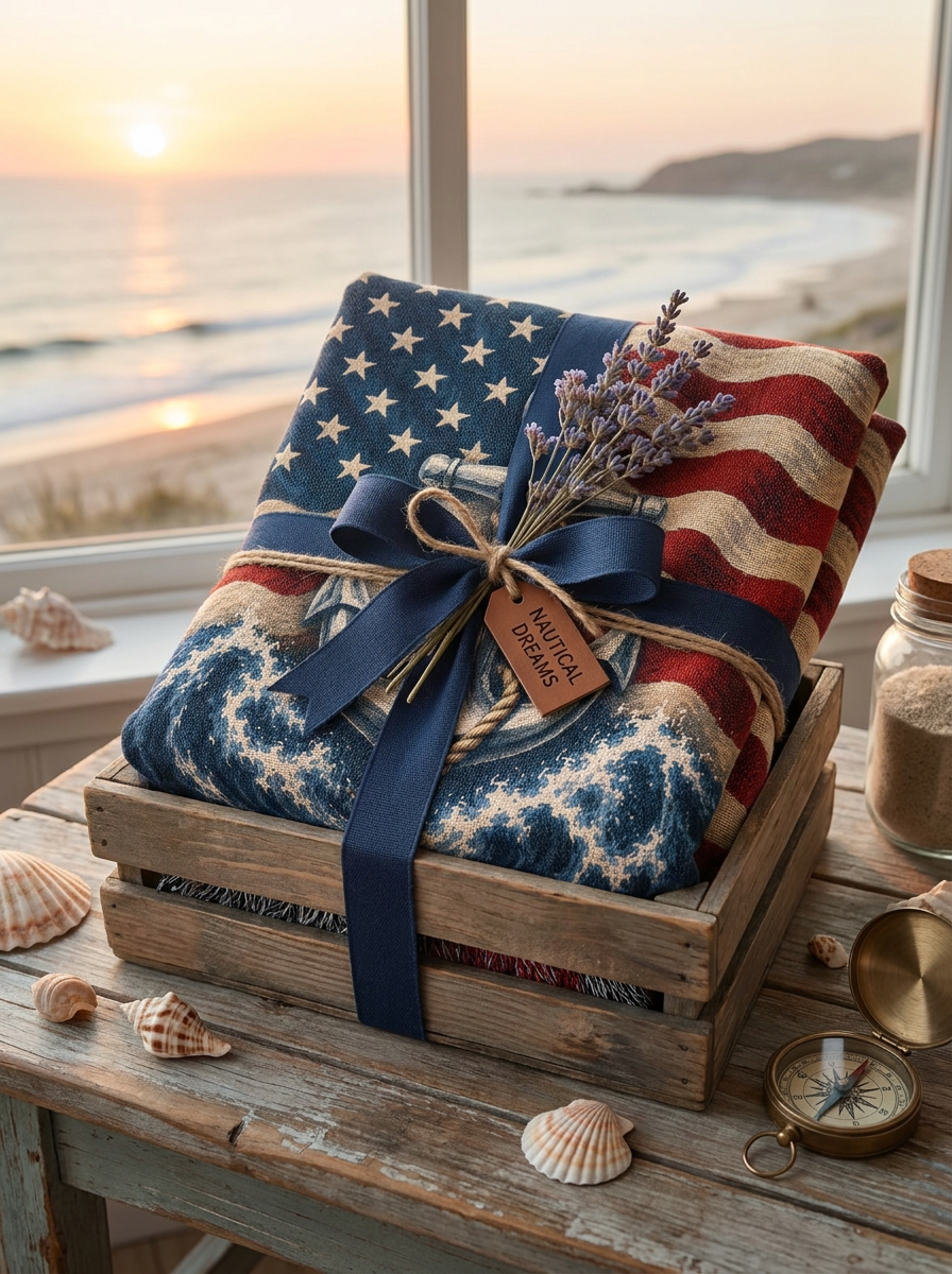 Patriotic Anchor Woven Blanket | Navy-Inspired Nautical Gift