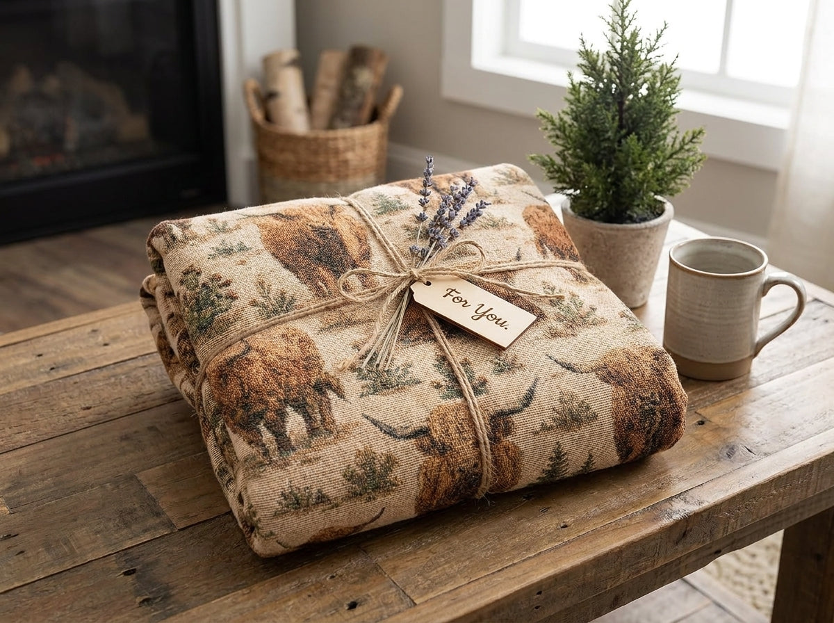 Highland Cow Woven Blanket | Rustic Farmhouse Throw