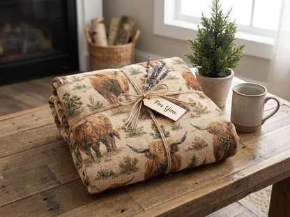 Highland Cow Woven Blanket | Rustic Farmhouse Throw
