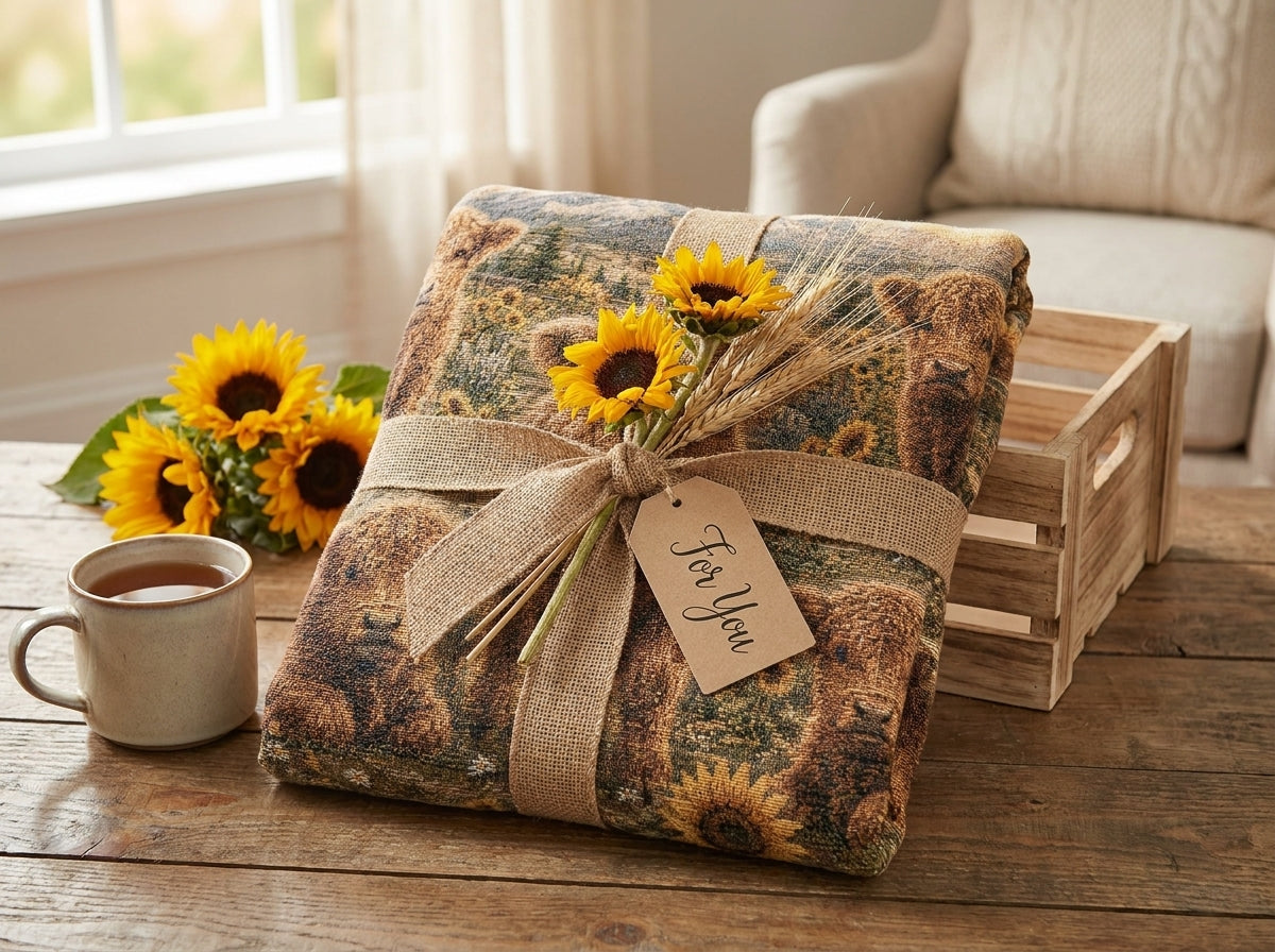 Highland Cow Calf Woven Blanket | Sunflower Farmhouse Throw