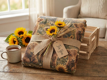 Highland Cow Calf Woven Blanket | Sunflower Farmhouse Throw