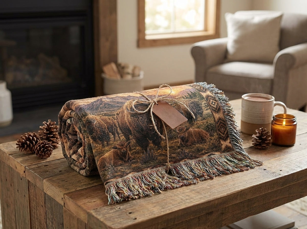 American Bison Woven Blanket | Rustic Western Throw