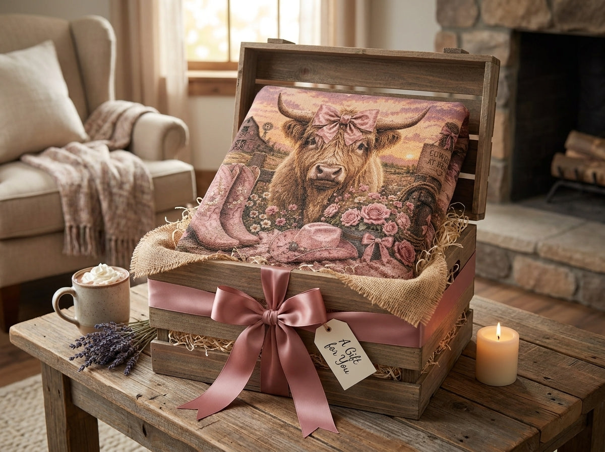 Highland Cow Coquette Woven Blanket | Pink Western Throw