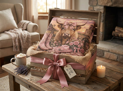 Highland Cow Coquette Woven Blanket | Pink Western Throw