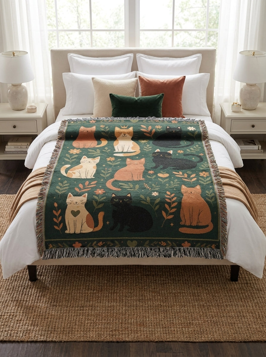 Whimsical Cat Woven Blanket | Folk Art Garden Throw