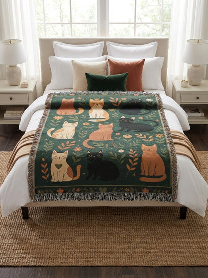 Whimsical Cat Woven Blanket | Folk Art Garden Throw