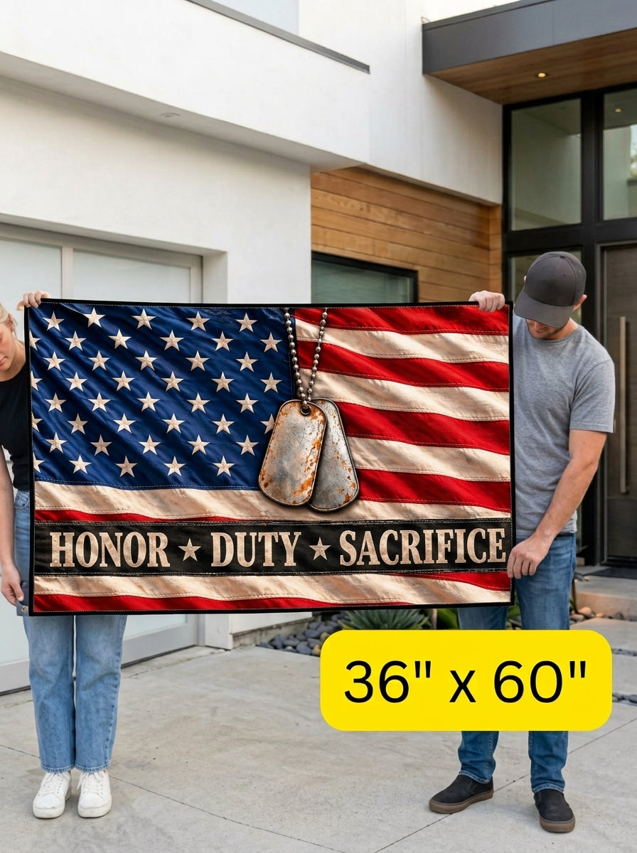 Honor Duty Sacrifice Veteran Flag – American Flag with Dog Tags