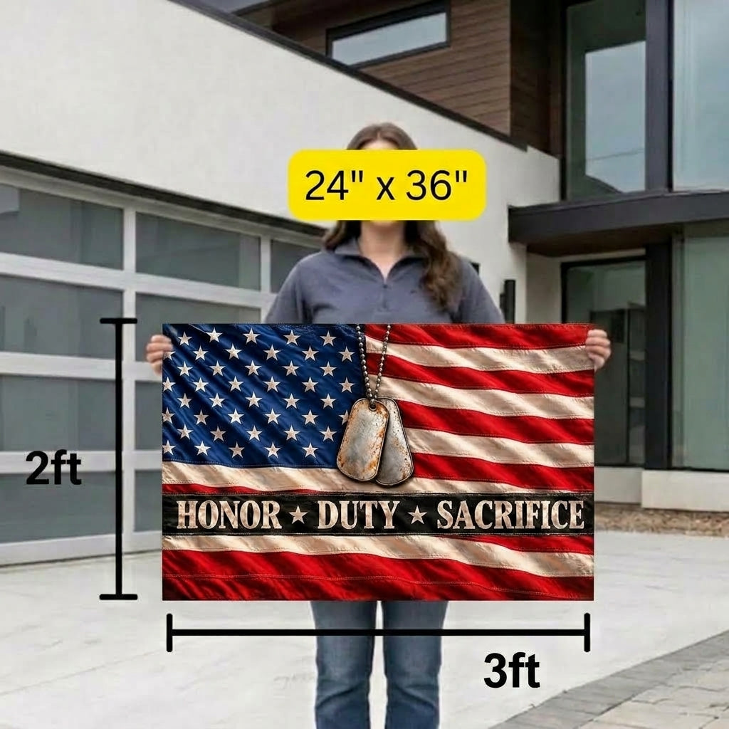 Honor Duty Sacrifice Veteran Flag – American Flag with Dog Tags
