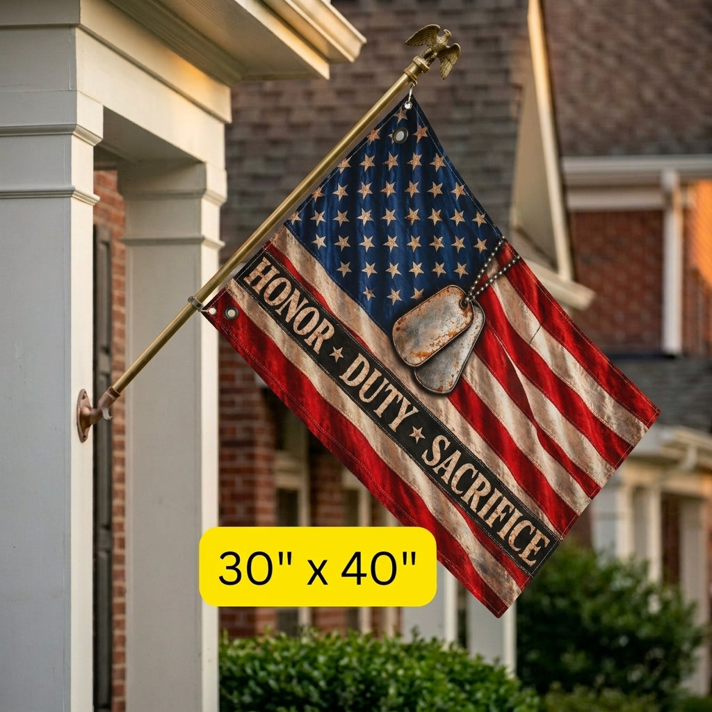 Honor Duty Sacrifice Veteran Flag – American Flag with Dog Tags