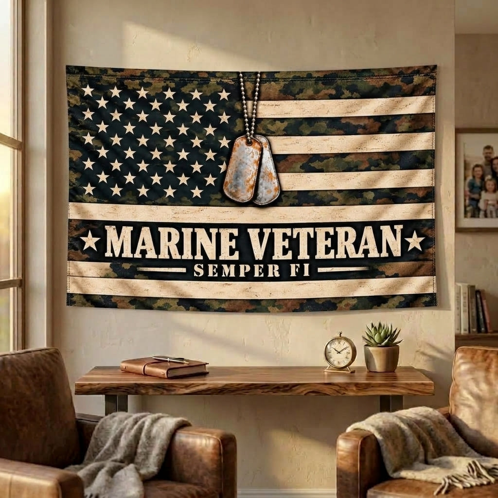 Marine Veteran Semper Fi Camouflage Flag with Dog Tags – Military Gift