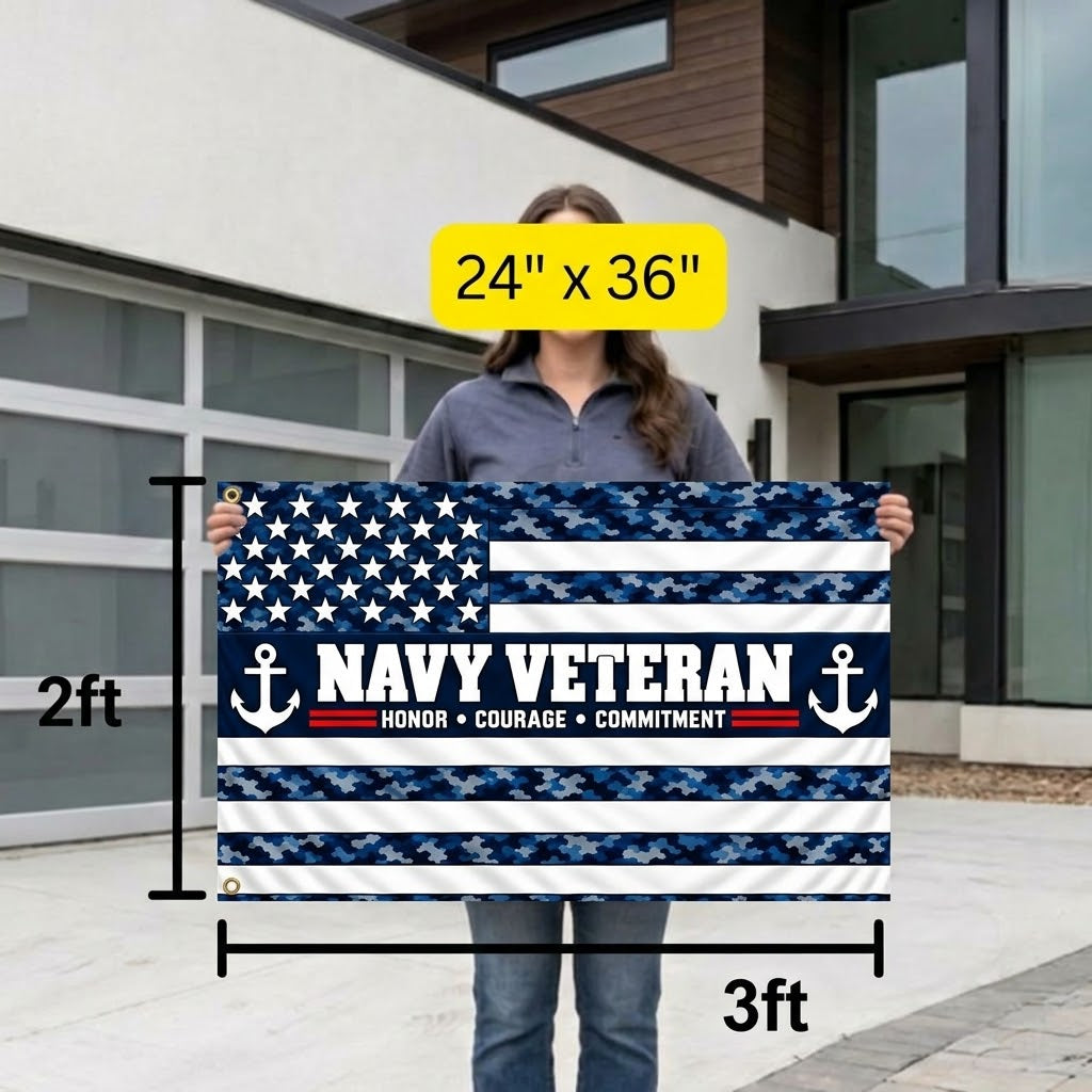 Navy Veteran Flag – Blue Camo Military Flag | Honor Courage Commitment