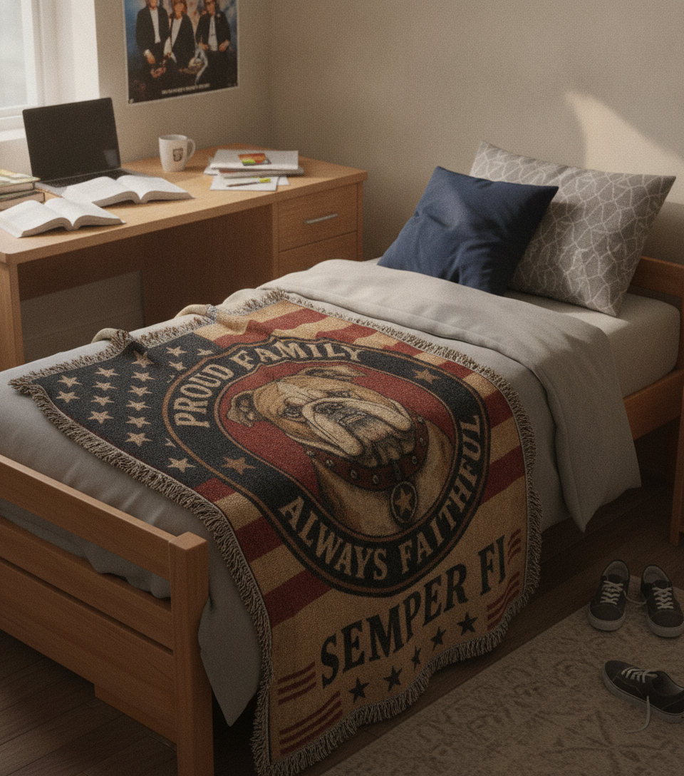 USMC Woven Blanket – Proud Family of a United States Marine | Military Heirloom Gift | Marine Corps Home Décor