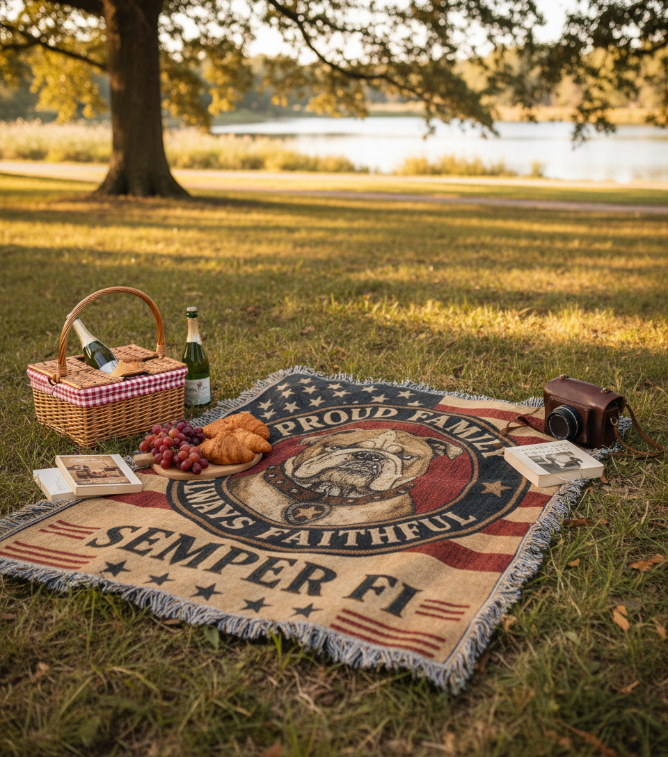 USMC Woven Blanket – Proud Family of a United States Marine | Military Heirloom Gift | Marine Corps Home Décor