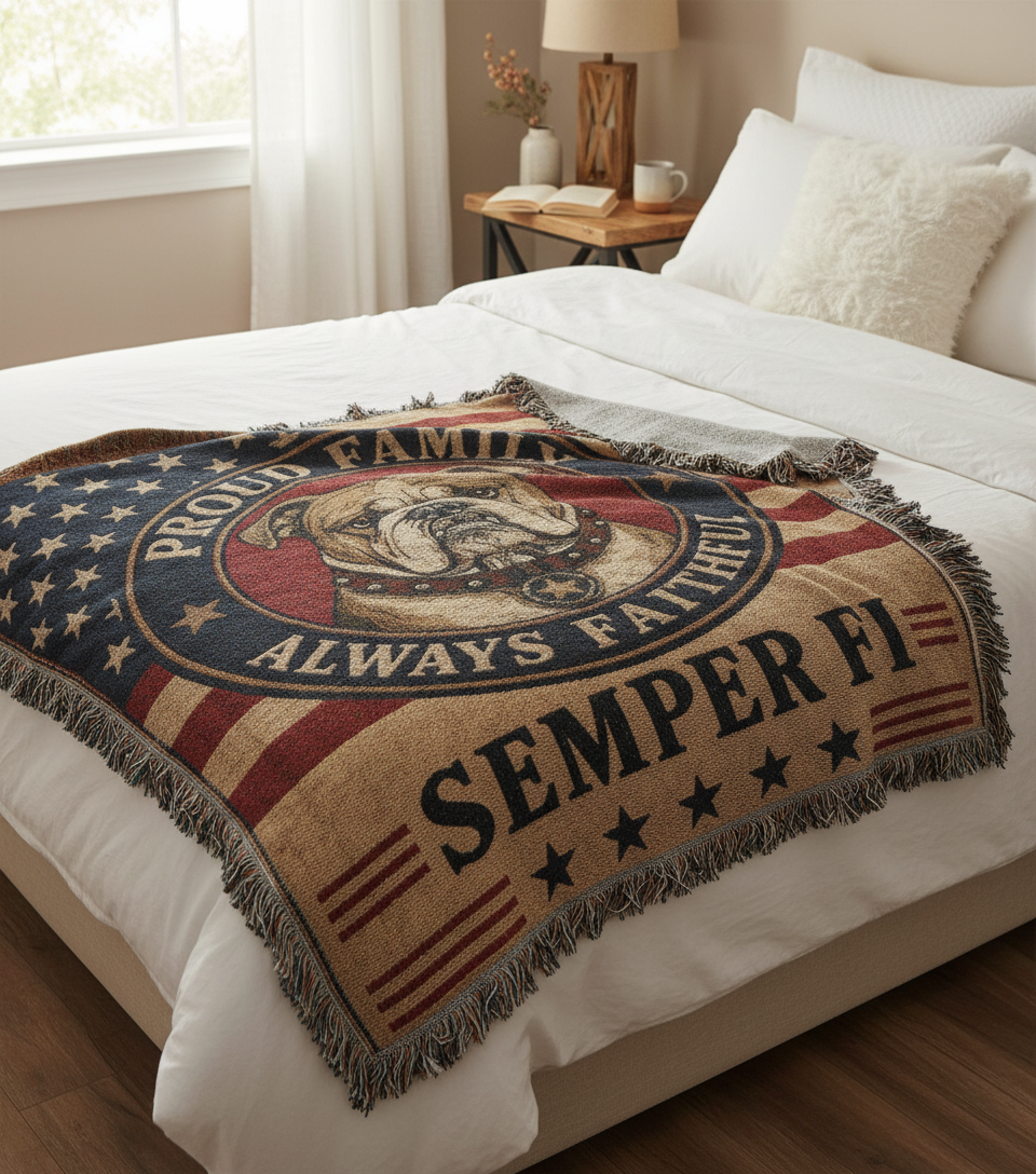 USMC Woven Blanket – Proud Family of a United States Marine | Military Heirloom Gift | Marine Corps Home Décor