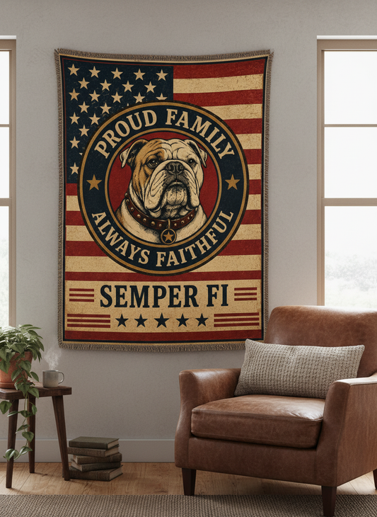 Proud Family Always Faithful Woven Blanket | Patriotic Bulldog Throw | Military Family Gift | Vintage Americana Home Decor