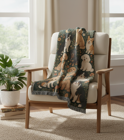Dog Lover Woven Blanket | Floral Woodland Dogs Throw