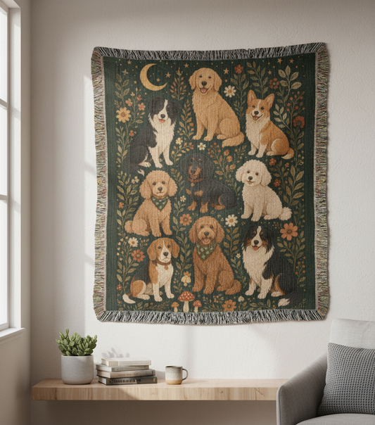 Dog Lover Woven Blanket | Floral Woodland Dogs Throw Blanket | Cozy Pet Lover Gift | Cottagecore Dog Home Decor