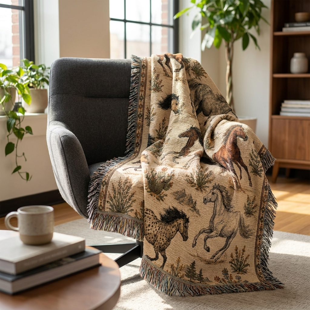 Wild Spirit Horse Blanket | Western Running Horses Throw Blanket | Rustic Ranch & Farmhouse Décor