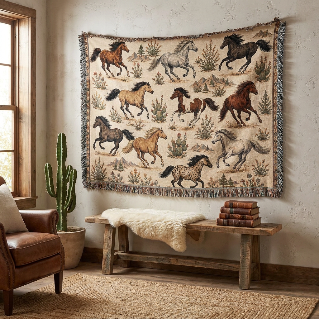 Wild Spirit Horse Blanket | Western Running Horses Throw Blanket | Rustic Ranch & Farmhouse Décor