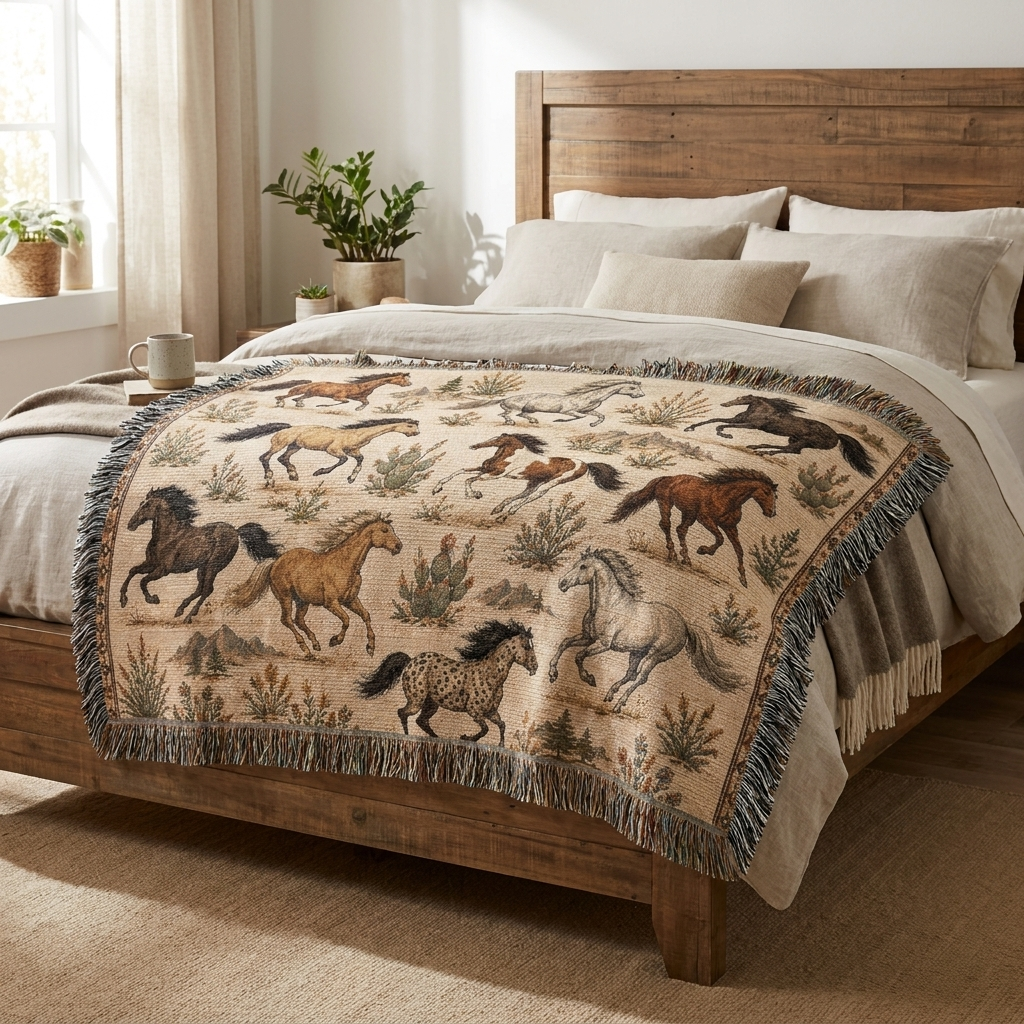 Wild Spirit Horse Blanket | Western Running Horses Throw Blanket | Rustic Ranch & Farmhouse Décor