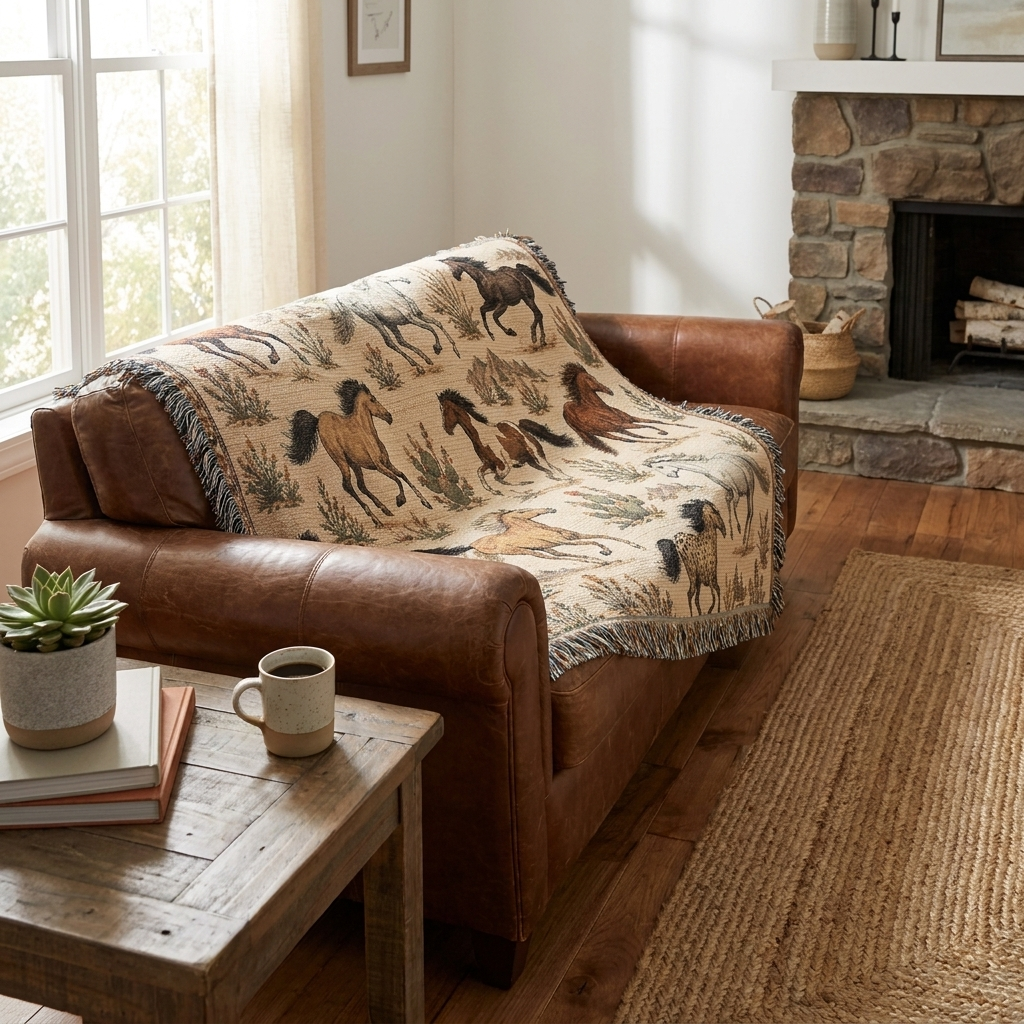 Wild Spirit Horse Blanket | Western Running Horses Throw Blanket | Rustic Ranch & Farmhouse Décor