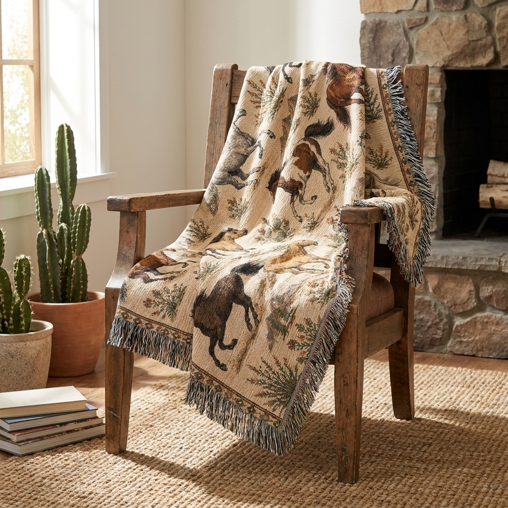 Wild Spirit Horse Blanket | Western Running Horses Throw Blanket | Rustic Ranch & Farmhouse Décor