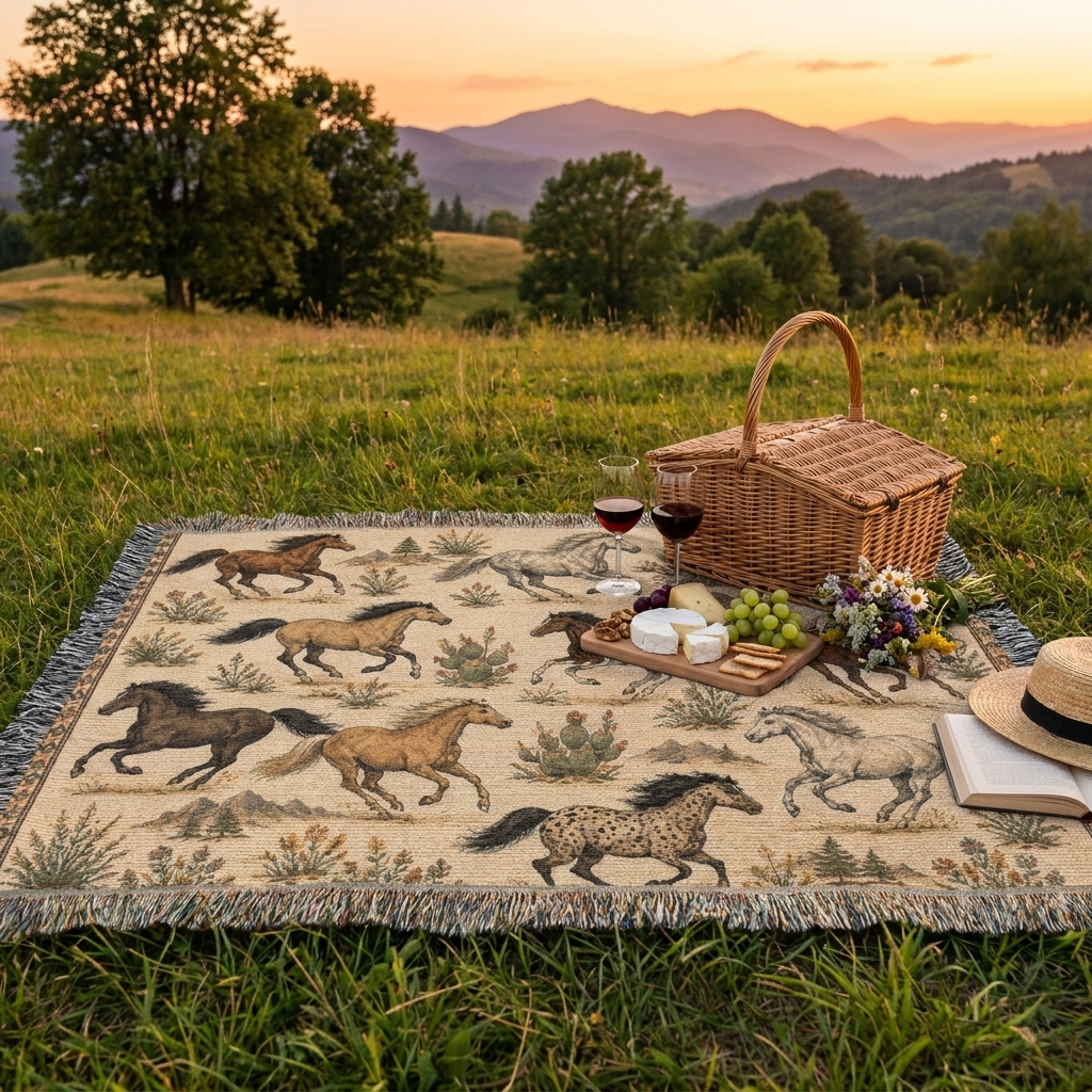 Wild Spirit Horse Blanket | Western Running Horses Throw Blanket | Rustic Ranch & Farmhouse Décor