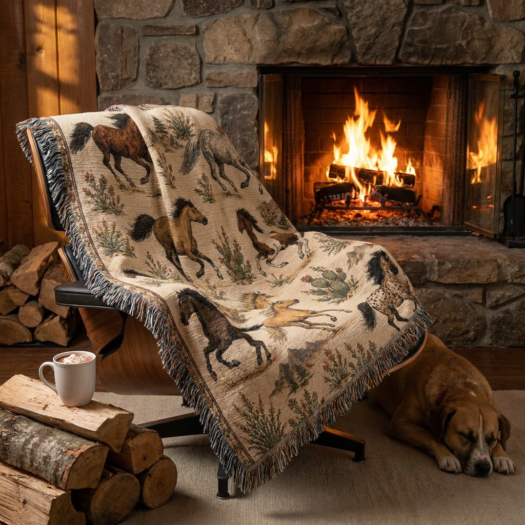 Wild Spirit Horse Blanket | Western Running Horses Throw Blanket | Rustic Ranch & Farmhouse Décor