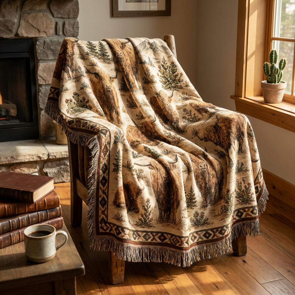 Highland Cow Woven Blanket | Rustic Farmhouse Throw | Western Country Decor | Highland Cattle Gift