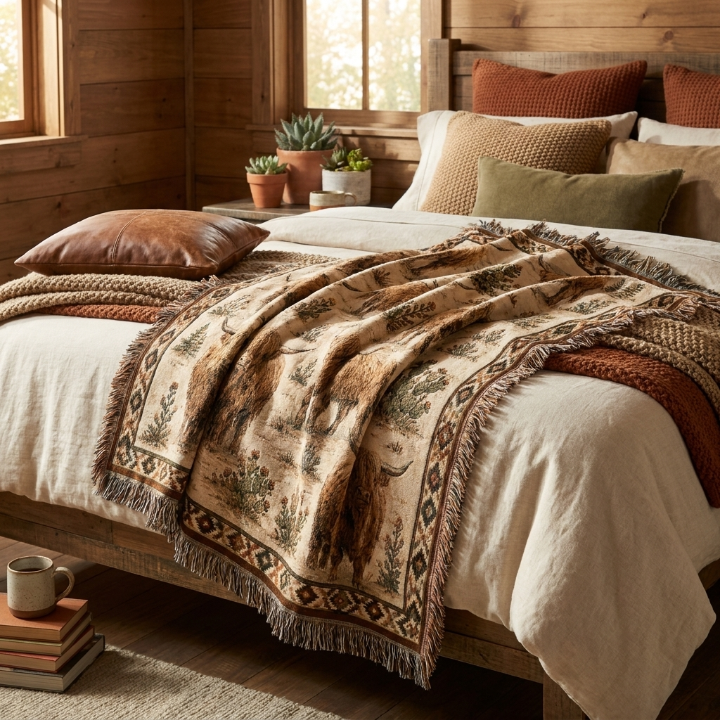 Highland Cow Woven Blanket | Rustic Farmhouse Throw | Western Country Decor | Highland Cattle Gift