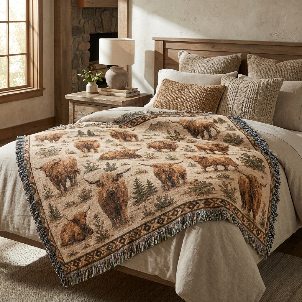 Highland Cow Woven Blanket | Rustic Farmhouse Throw | Western Country Decor | Highland Cattle Gift