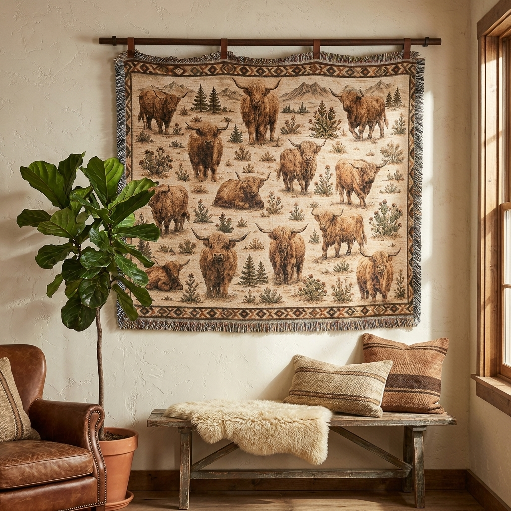 Highland Cow Woven Blanket | Rustic Farmhouse Throw | Western Country Decor | Highland Cattle Gift