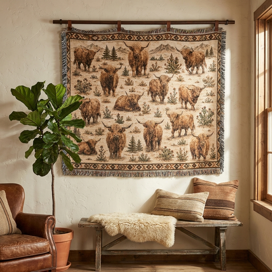 Highland Cow Woven Blanket | Rustic Farmhouse Throw | Western Country Decor | Highland Cattle Gift