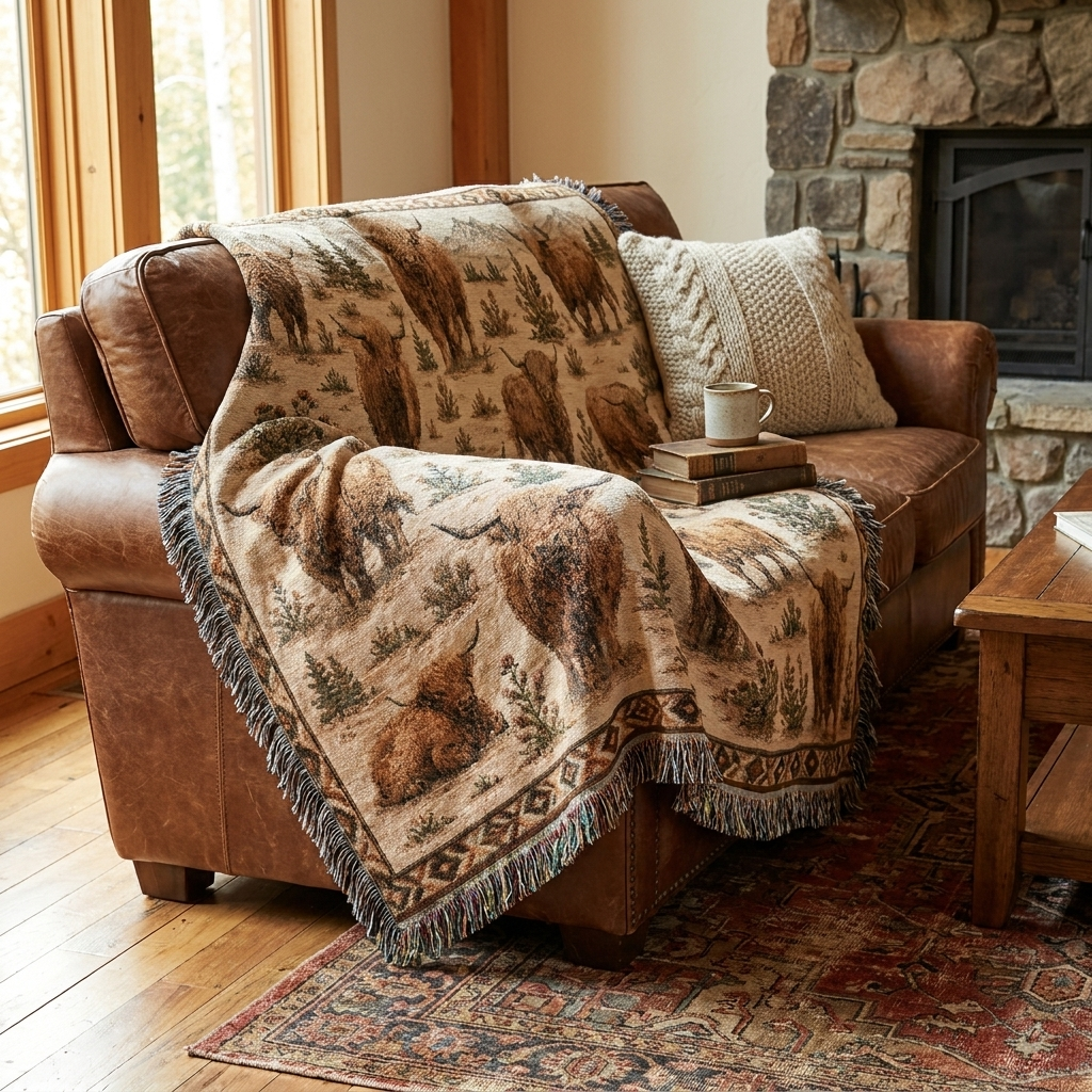 Highland Cow Woven Blanket | Rustic Farmhouse Throw | Western Country Decor | Highland Cattle Gift