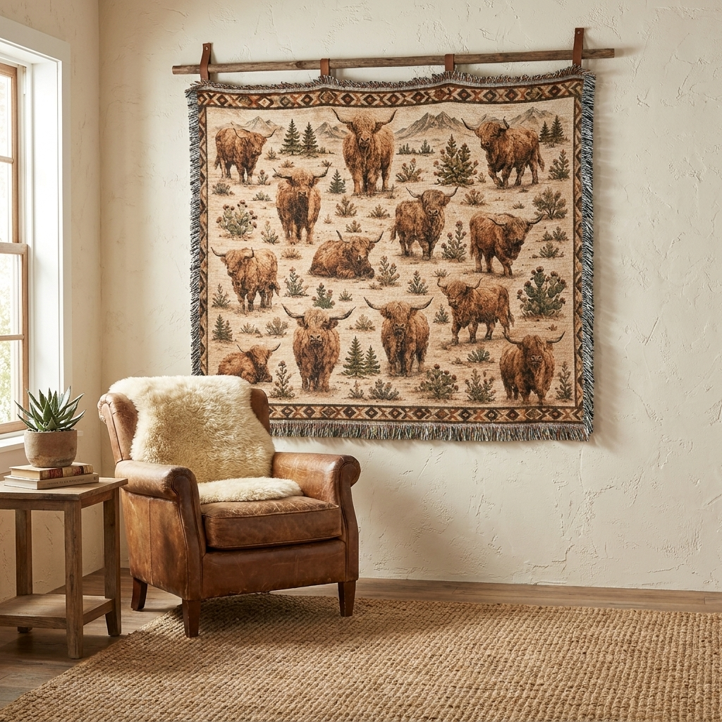 Highland Cow Woven Blanket | Rustic Farmhouse Throw | Western Country Decor | Highland Cattle Gift