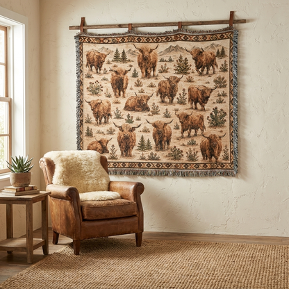 Highland Cow Woven Blanket | Rustic Farmhouse Throw