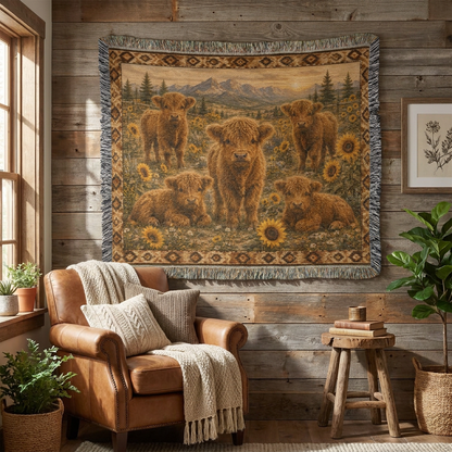 Highland Cow Calf Woven Blanket | Sunflower Farmhouse Throw