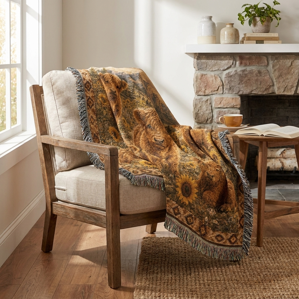 Highland Cow Calf Woven Blanket | Sunflower Farmhouse Throw
