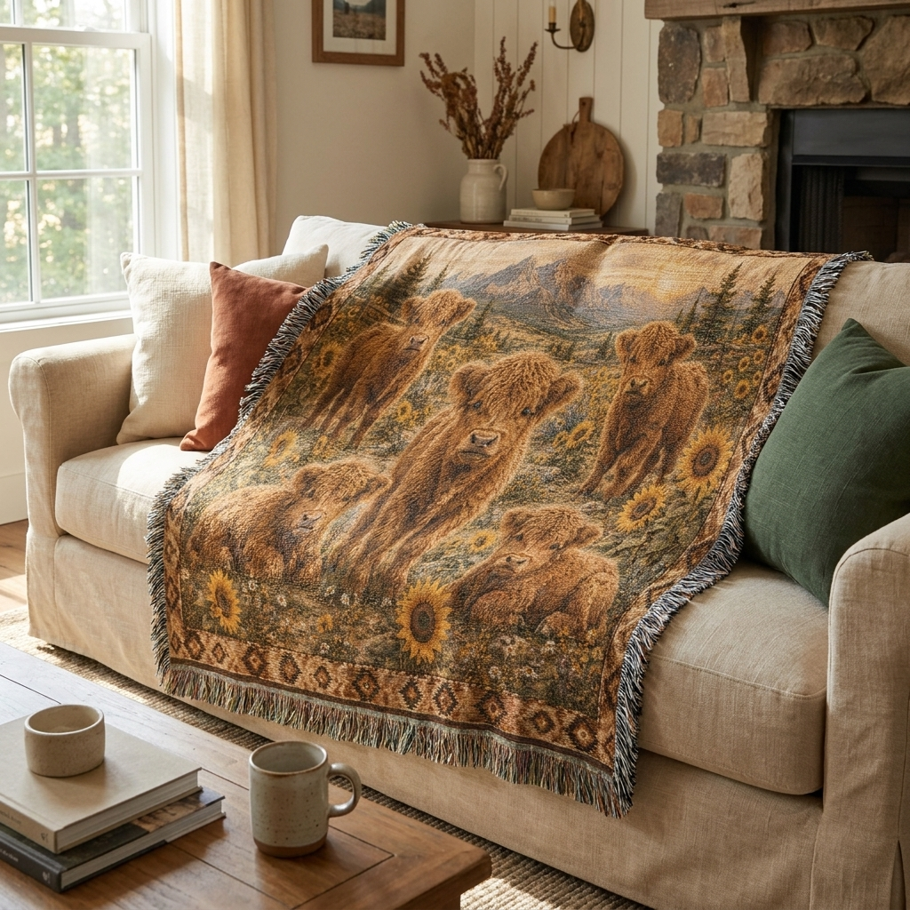 Highland Cow Calf Woven Blanket | Sunflower Farmhouse Throw