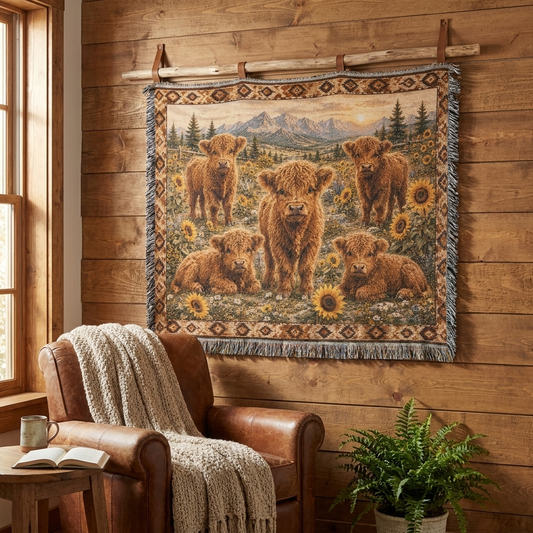 Highland Cow Calf Sunflower Blanket | Rustic Farmhouse Throw | Country Cottage Decor | Cozy Highland Cattle Gift