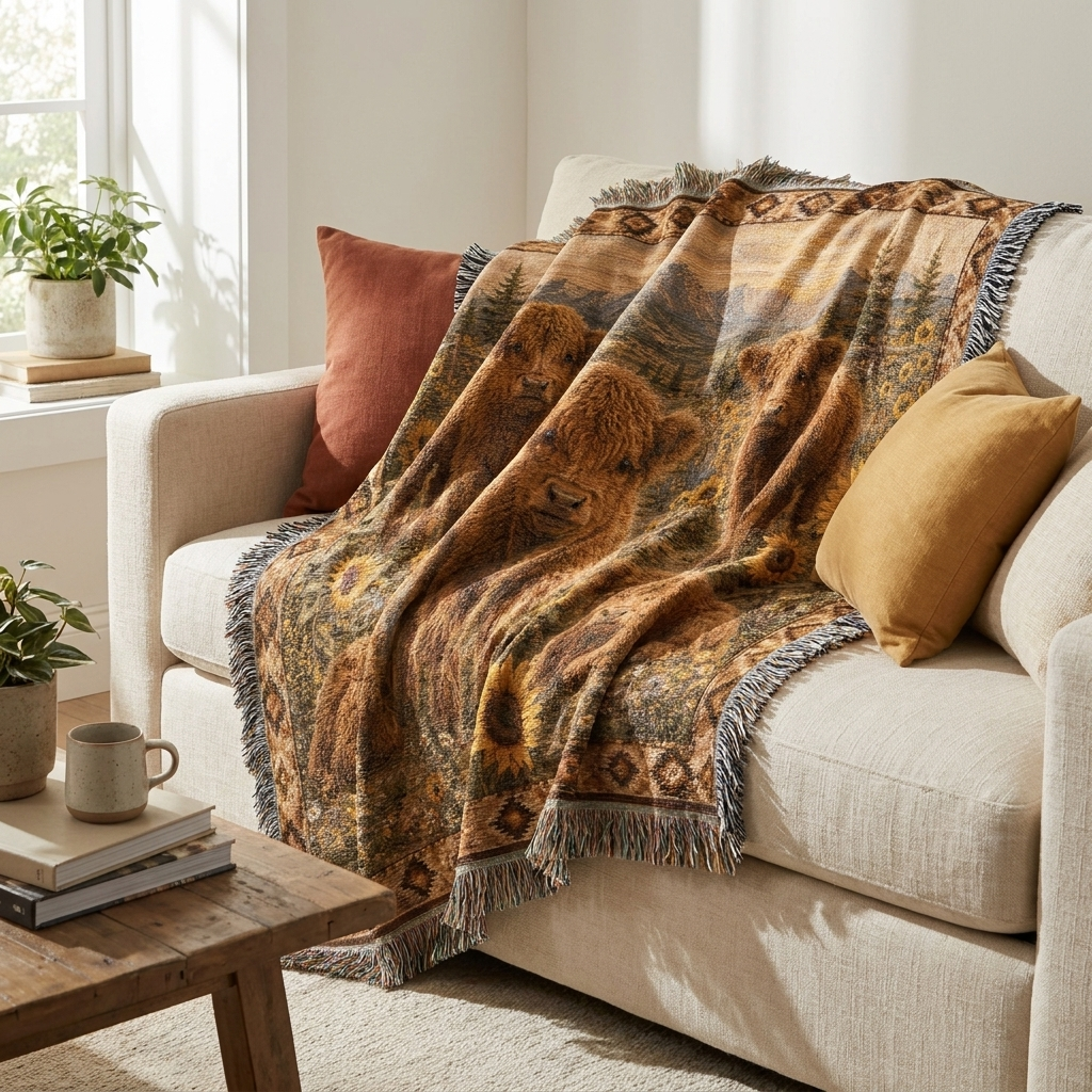 Highland Cow Calf Woven Blanket | Sunflower Farmhouse Throw