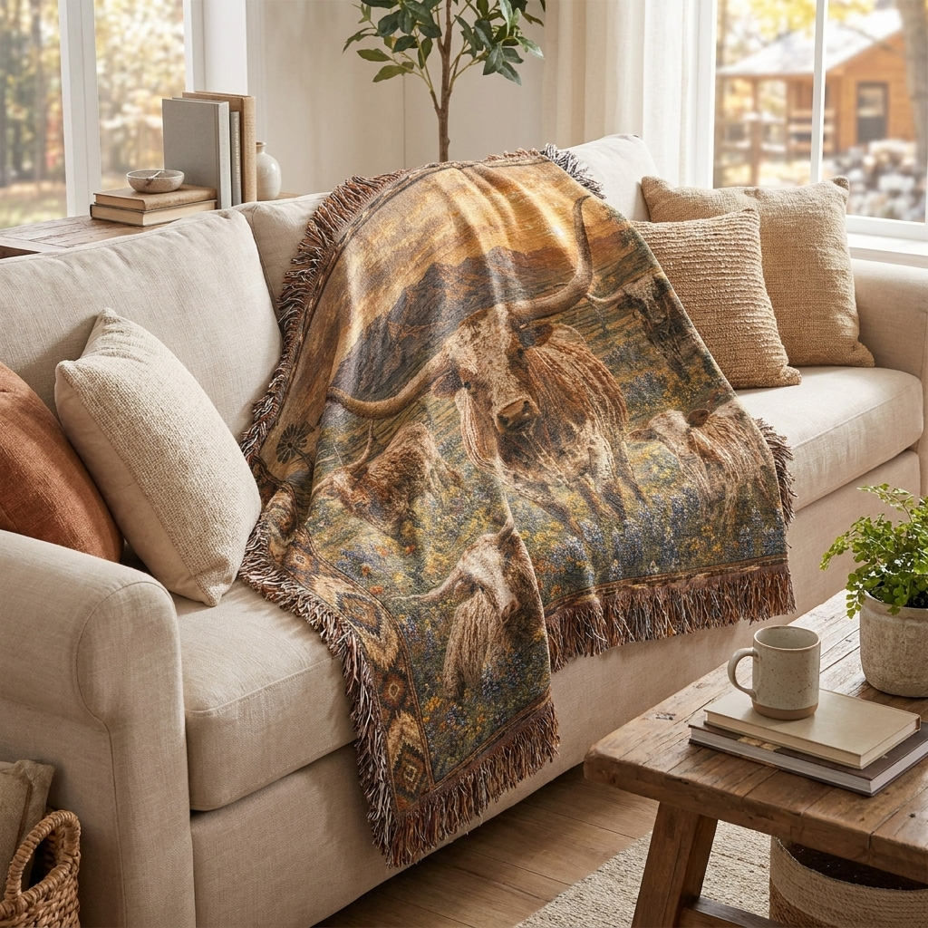 Texas Longhorn Woven Blanket | Western Ranch Throw | Rustic Farmhouse Decor | Longhorn Cattle Gift