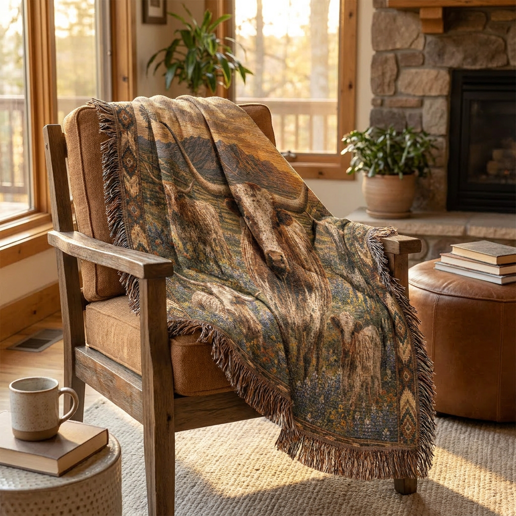 Texas Longhorn Woven Blanket | Western Ranch Throw | Rustic Farmhouse Decor | Longhorn Cattle Gift