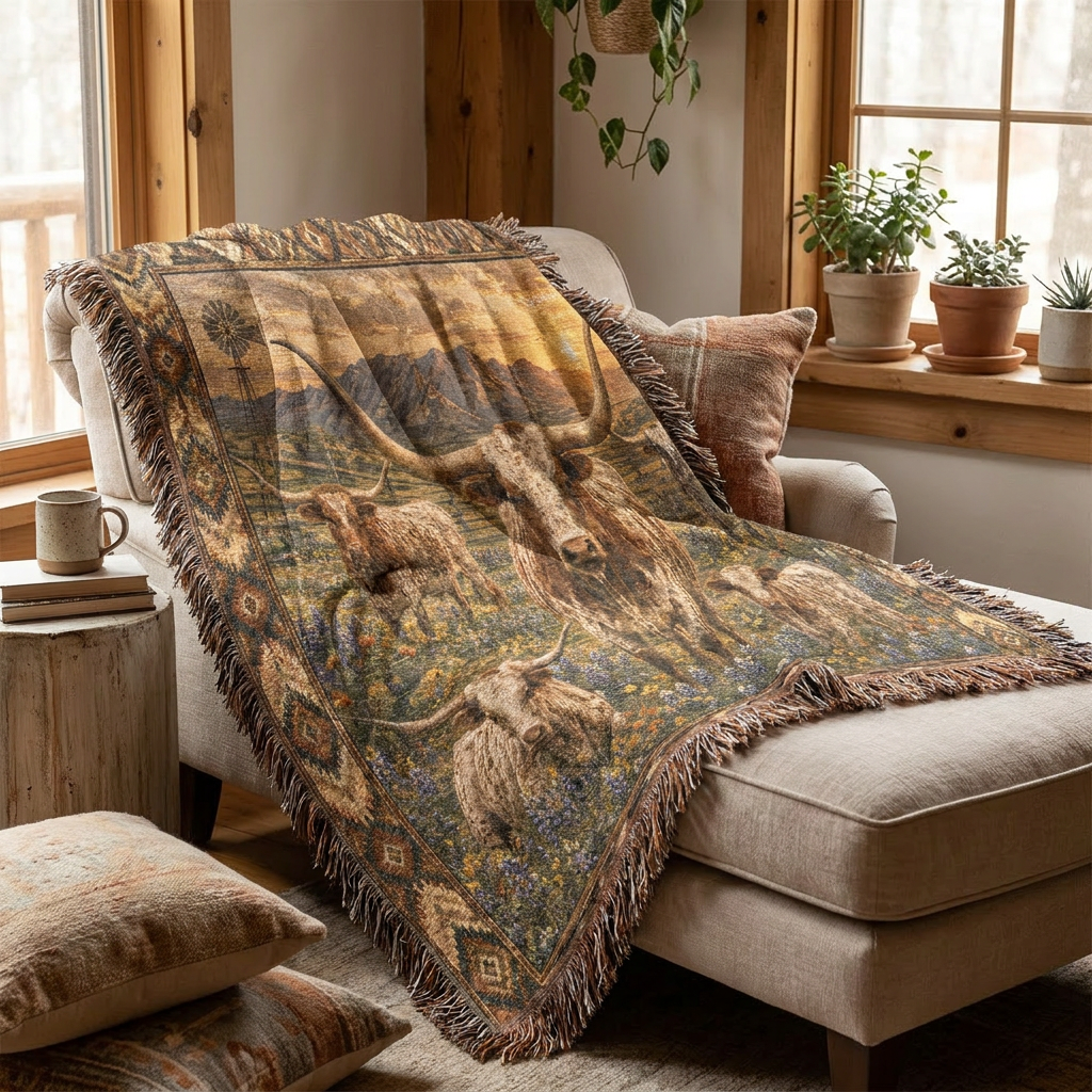 Texas Longhorn Woven Blanket | Western Ranch Throw | Rustic Farmhouse Decor | Longhorn Cattle Gift
