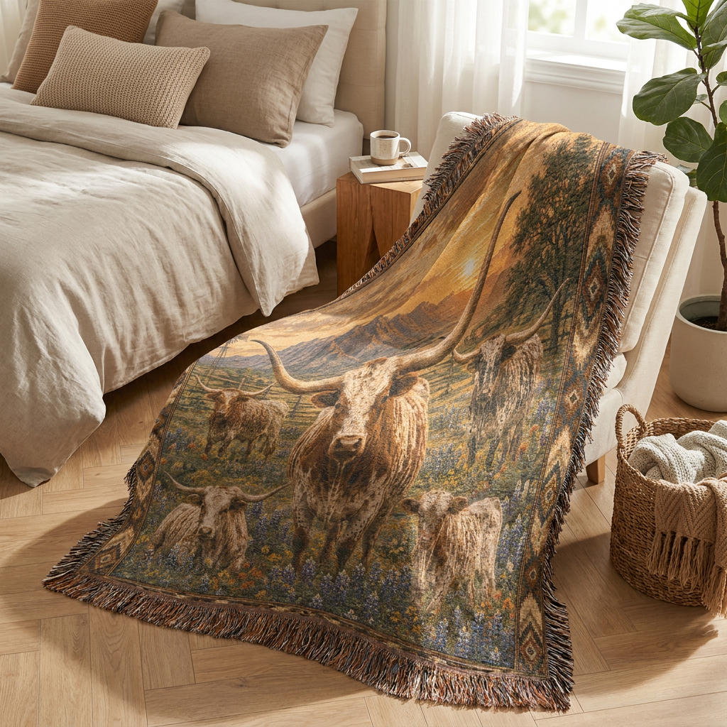 Texas Longhorn Woven Blanket | Western Ranch Throw | Rustic Farmhouse Decor | Longhorn Cattle Gift