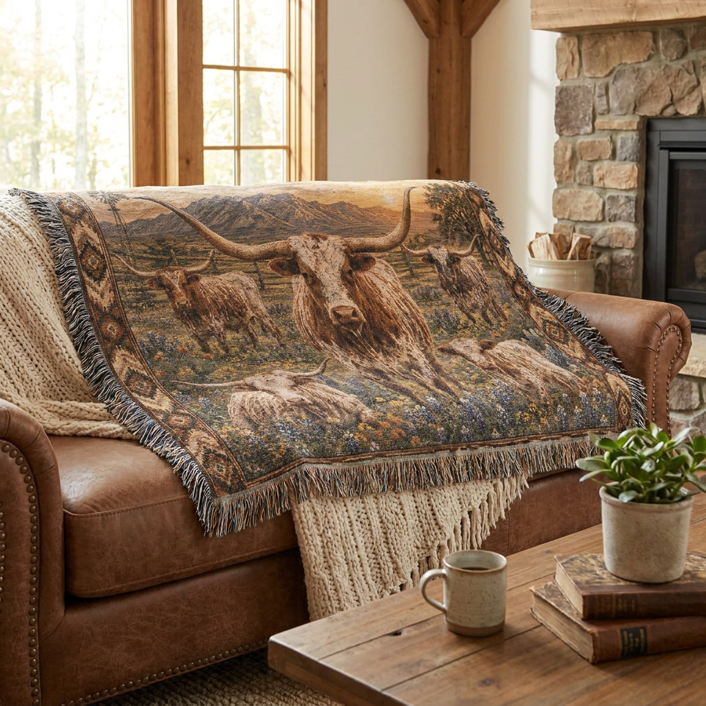 Texas Longhorn Woven Blanket | Western Ranch Throw | Rustic Farmhouse Decor | Longhorn Cattle Gift