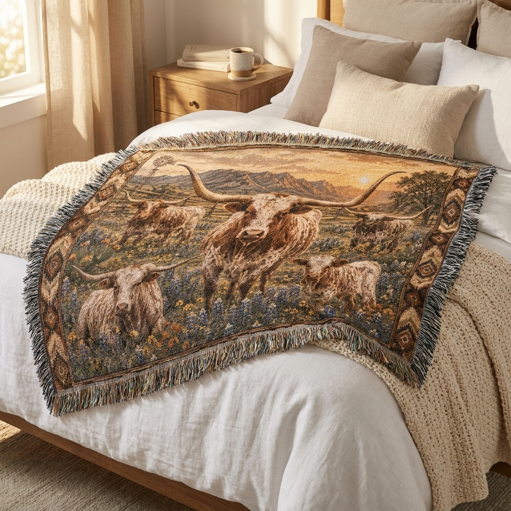 Texas Longhorn Woven Blanket | Western Ranch Throw | Rustic Farmhouse Decor | Longhorn Cattle Gift