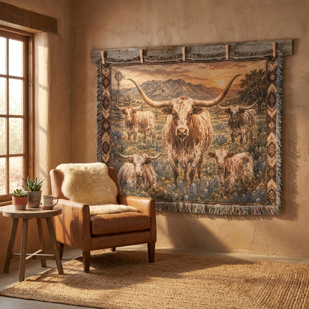 Texas Longhorn Woven Blanket | Western Ranch Throw | Rustic Farmhouse Decor | Longhorn Cattle Gift