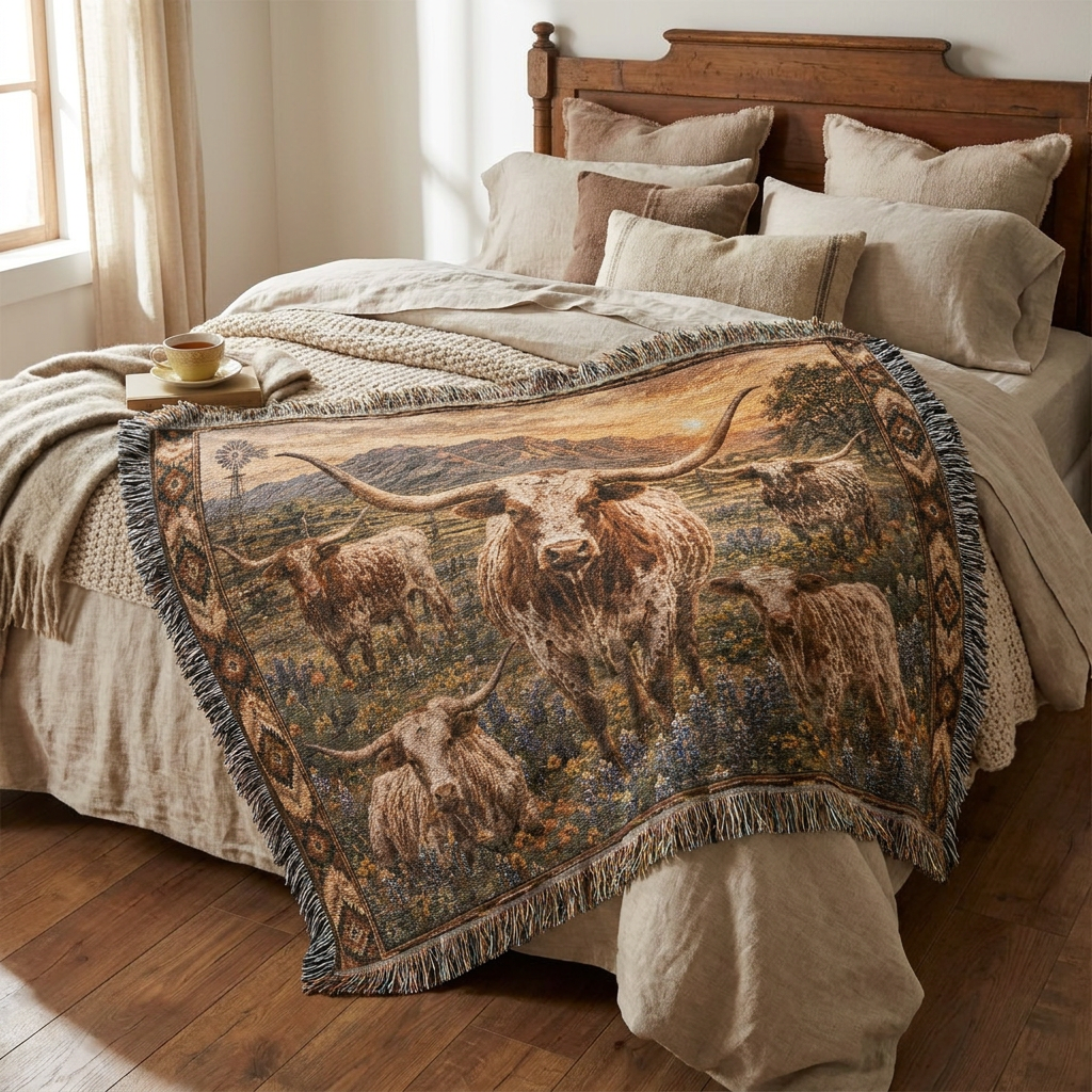 Texas Longhorn Woven Blanket | Western Ranch Throw | Rustic Farmhouse Decor | Longhorn Cattle Gift