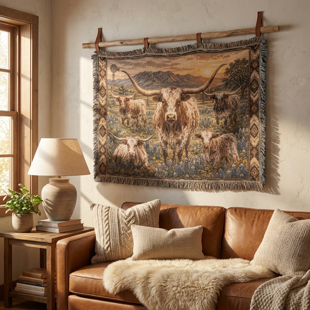 Texas Longhorn Woven Blanket | Western Ranch Throw | Rustic Farmhouse Decor | Longhorn Cattle Gift